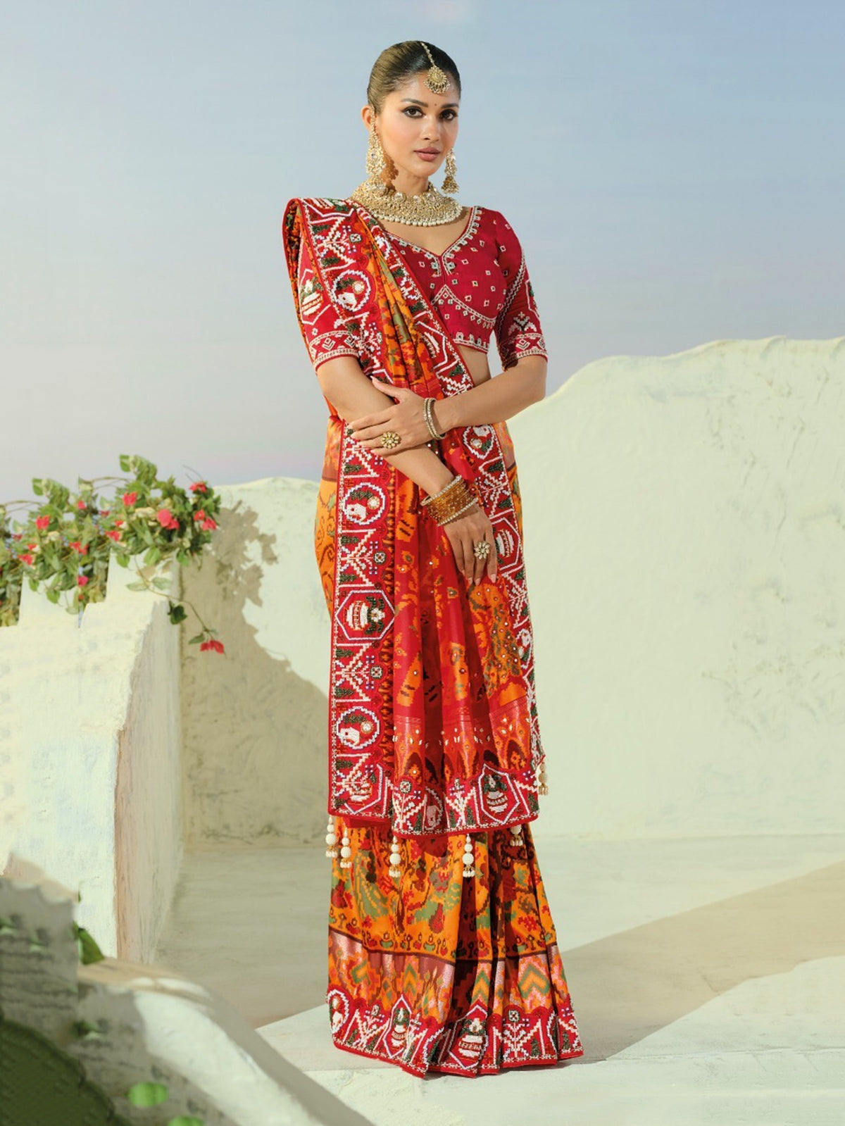 Exquisite Orange Bead Embroidery Silk Designer Patan Patola Style Saree