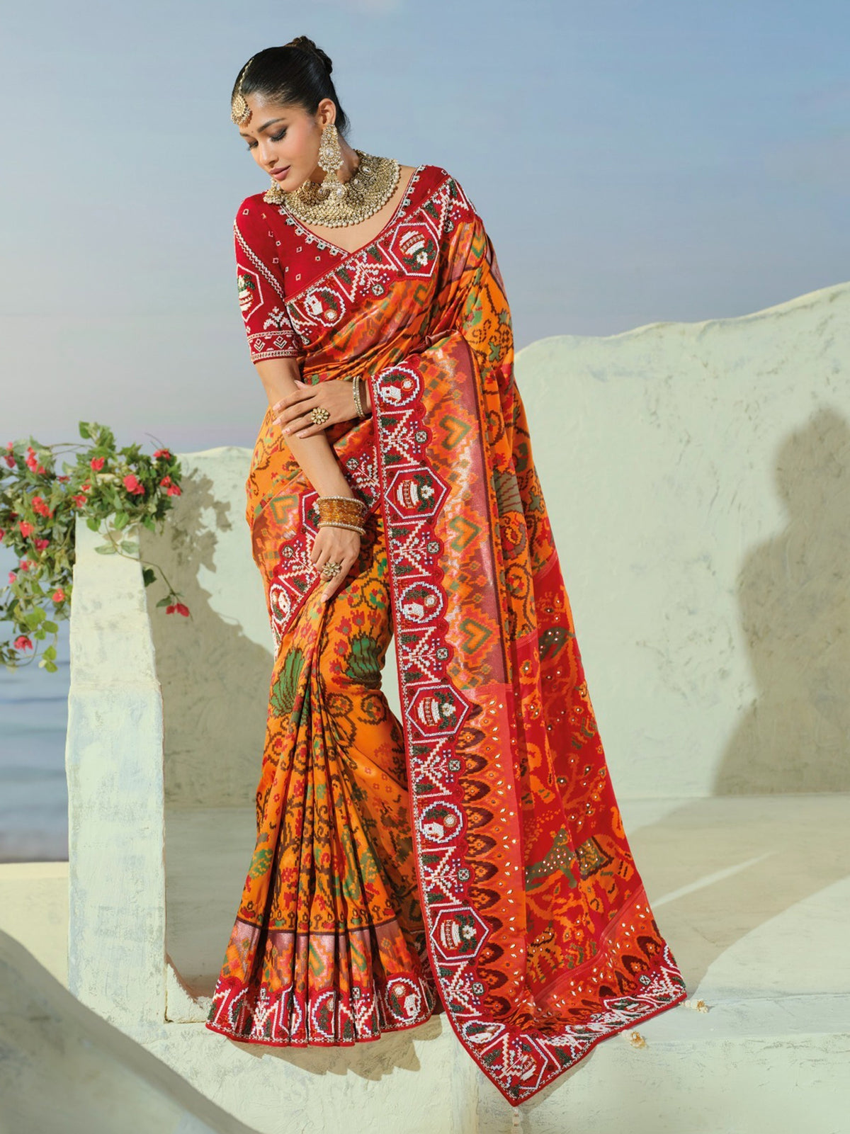 Exquisite Orange Bead Embroidery Silk Designer Patan Patola Style Saree