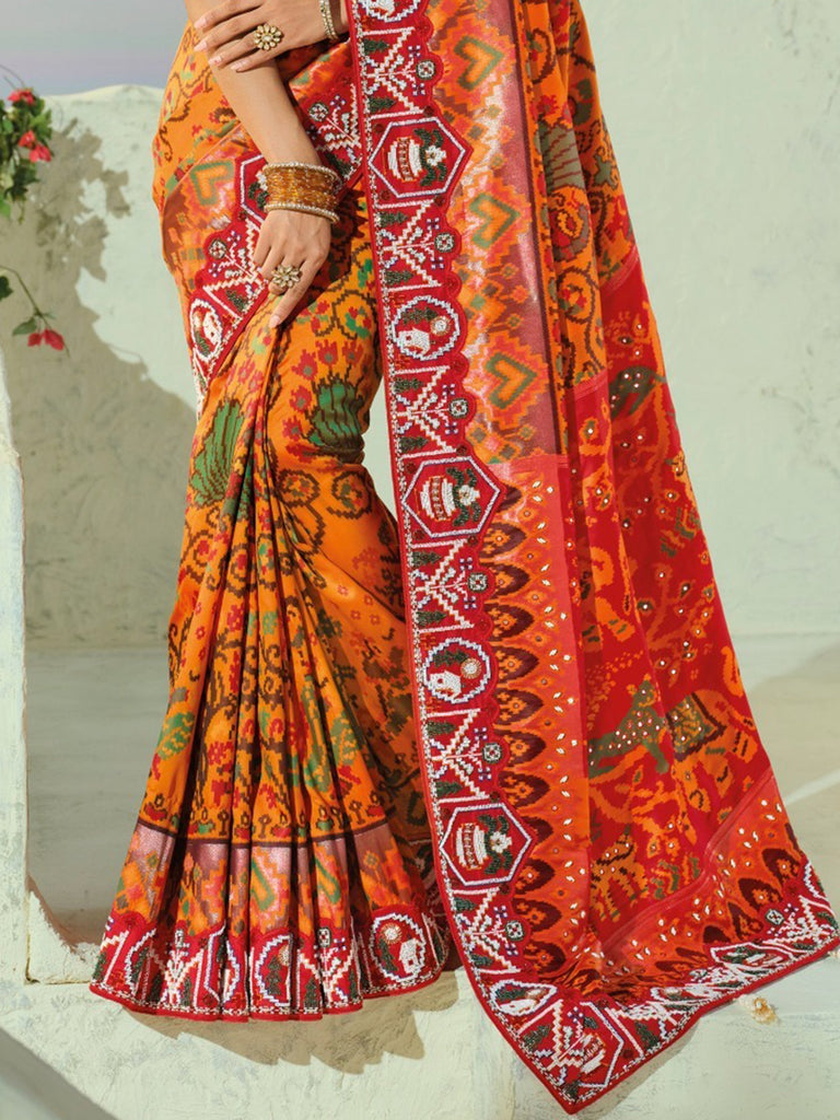 Exquisite Orange Bead Embroidery Silk Designer Patan Patola Style Saree
