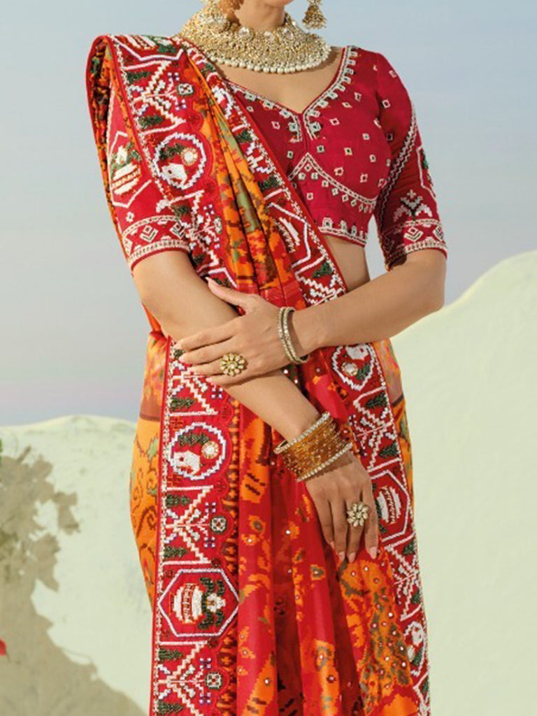 Exquisite Orange Bead Embroidery Silk Designer Patan Patola Style Saree