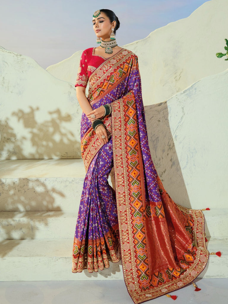 Beautiful Purple Cut-Dana Work Engagement Wear Patan Patola Style Saree