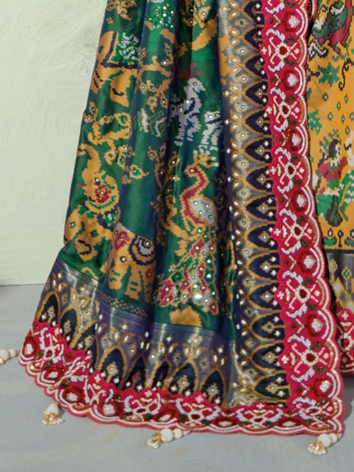 Luxurious Mustard Yellow Bead Work Traditional Patan Patola Style Saree