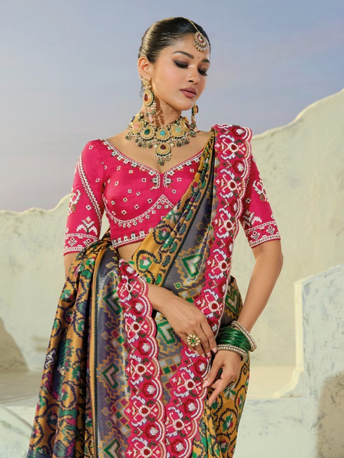 Luxurious Mustard Yellow Bead Work Traditional Patan Patola Style Saree