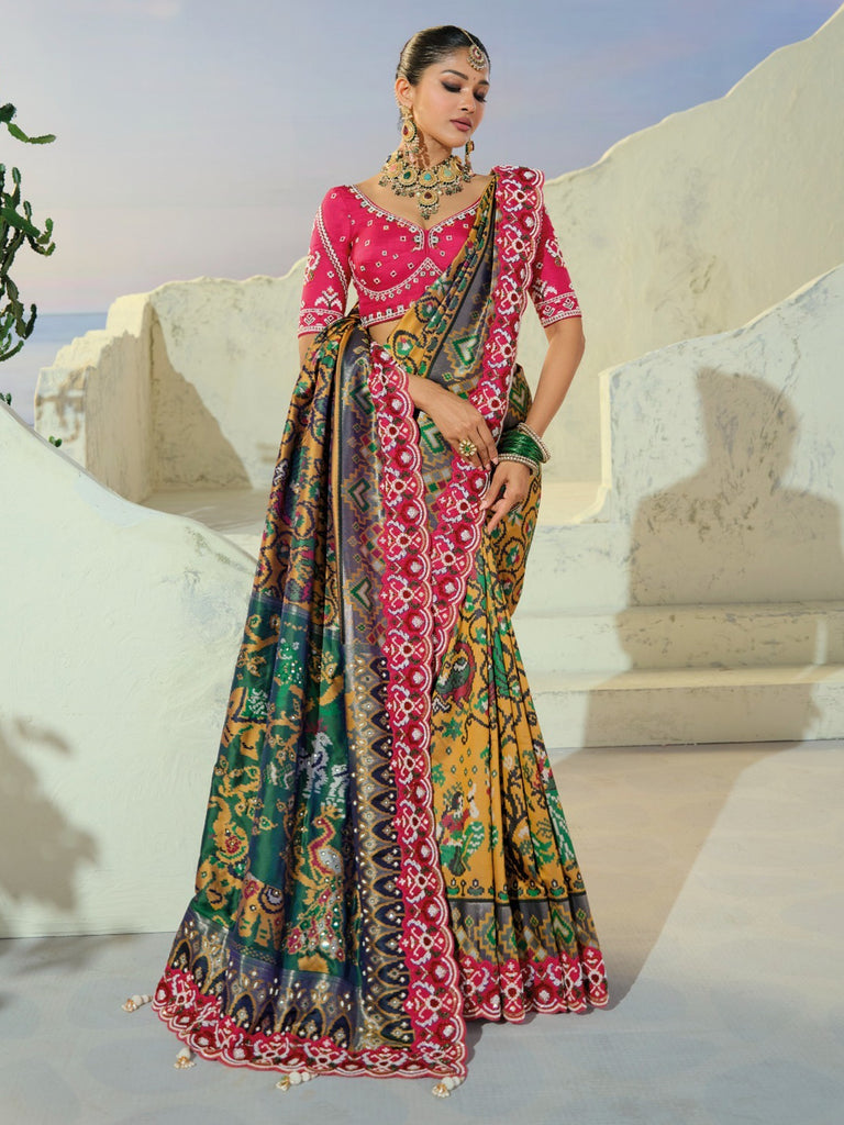 Luxurious Mustard Yellow Bead Work Traditional Patan Patola Style Saree