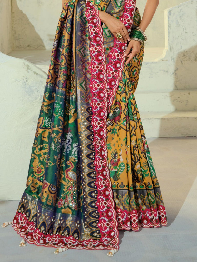 Luxurious Mustard Yellow Bead Work Traditional Patan Patola Style Saree