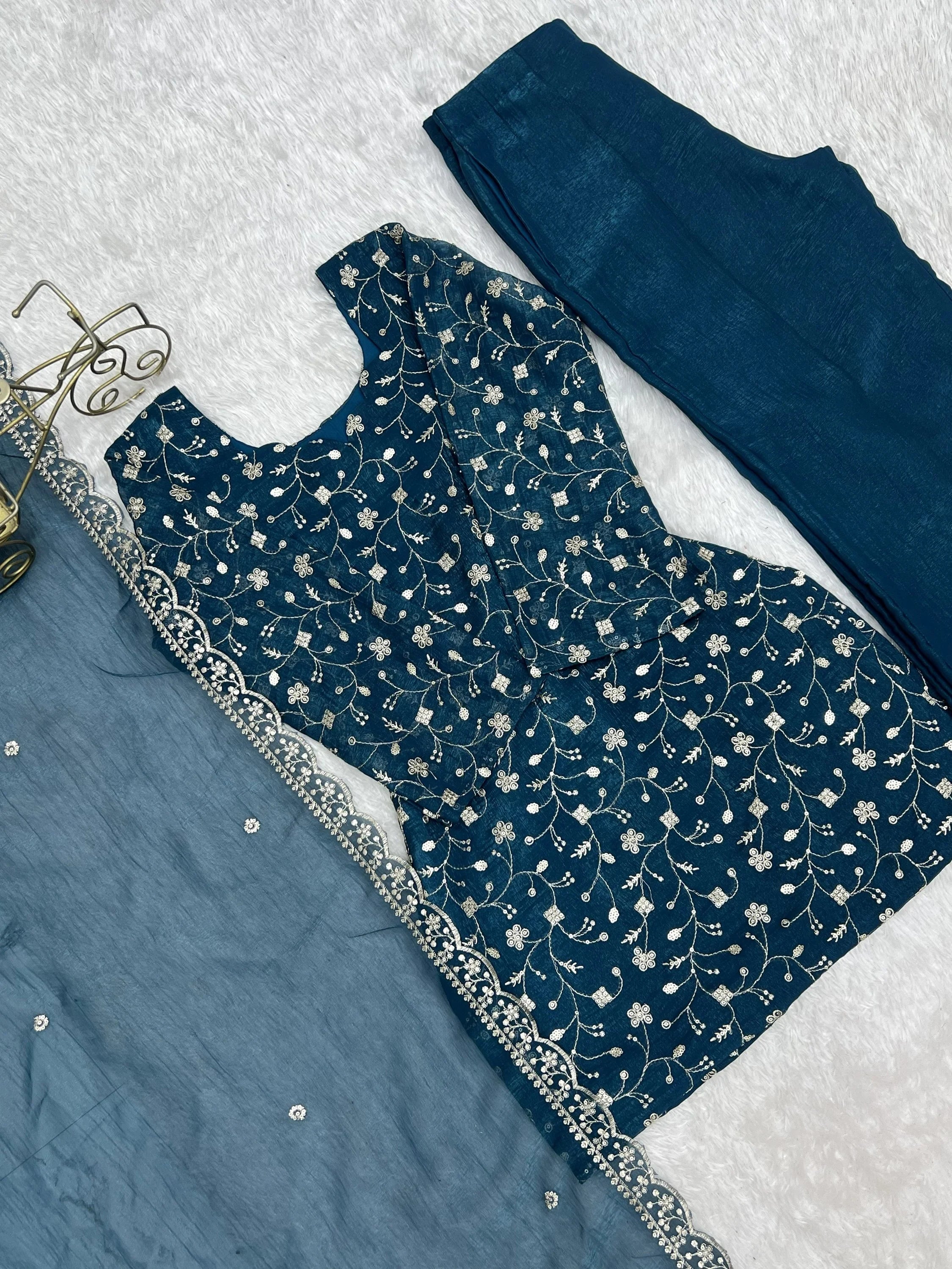Bewitching Teal Blue Embroidered Silk Wedding Wear Palazzo Suit
