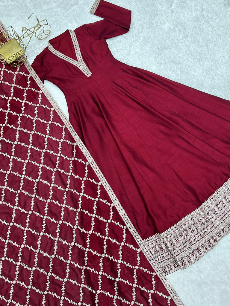 Glamorous Maroon Embroidered Silk Festival Wear Gown With Dupatta