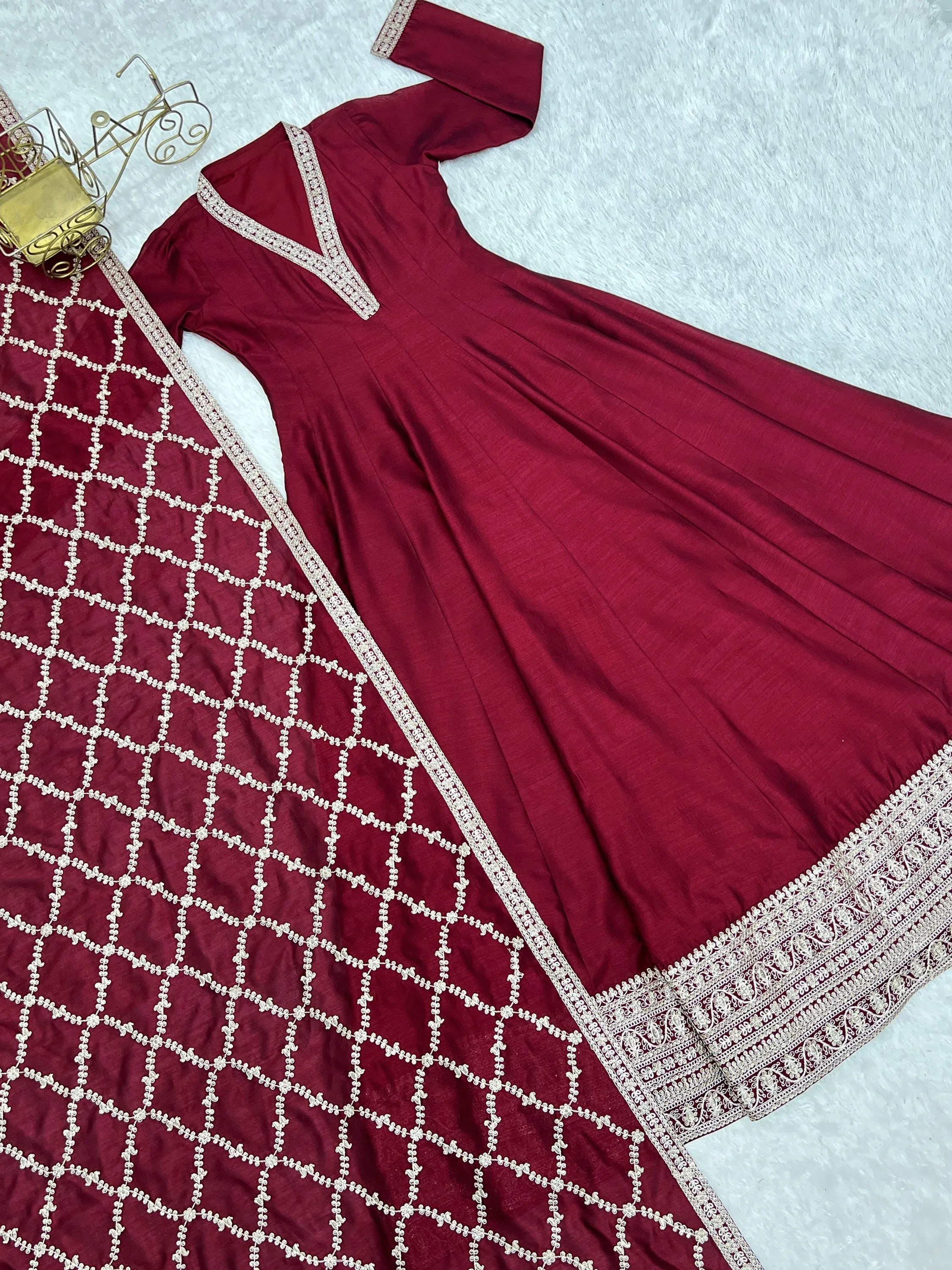 Glamorous Maroon Embroidered Silk Festival Wear Gown With Dupatta