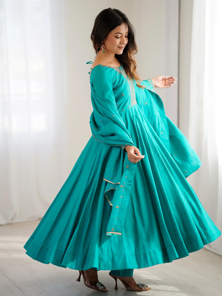 Sparkling Blue Beads Work Silk Festive Wear Salwar Kameez