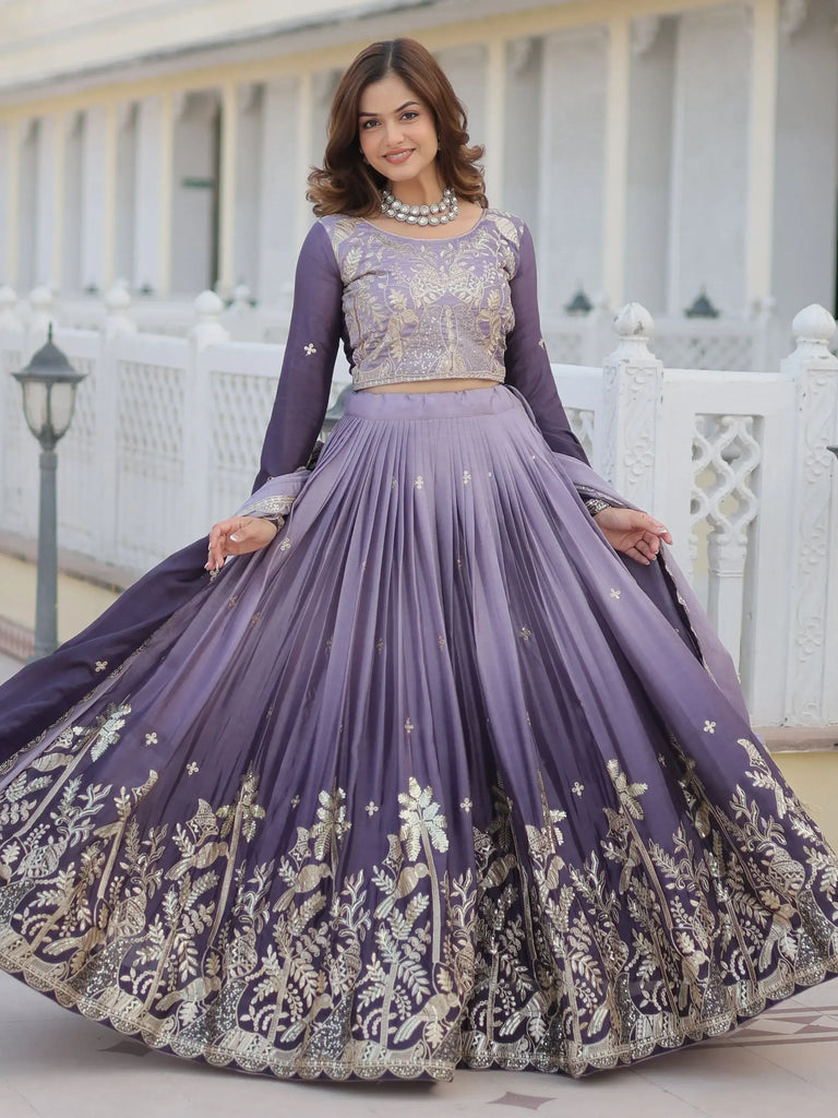 Elegant Lavender Chinon Floral Embroidered Ombre Lehenga Choli