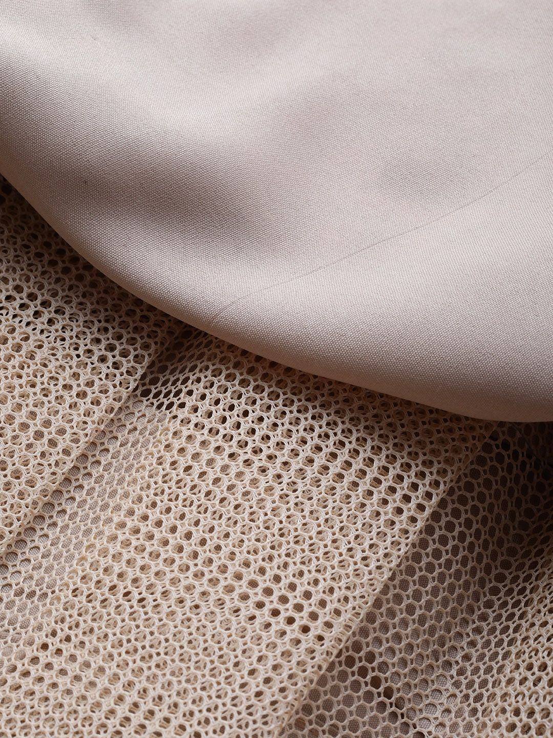 Beige ethnic wear fabric with solid and mesh layers, ideal for designer lehenga or saree