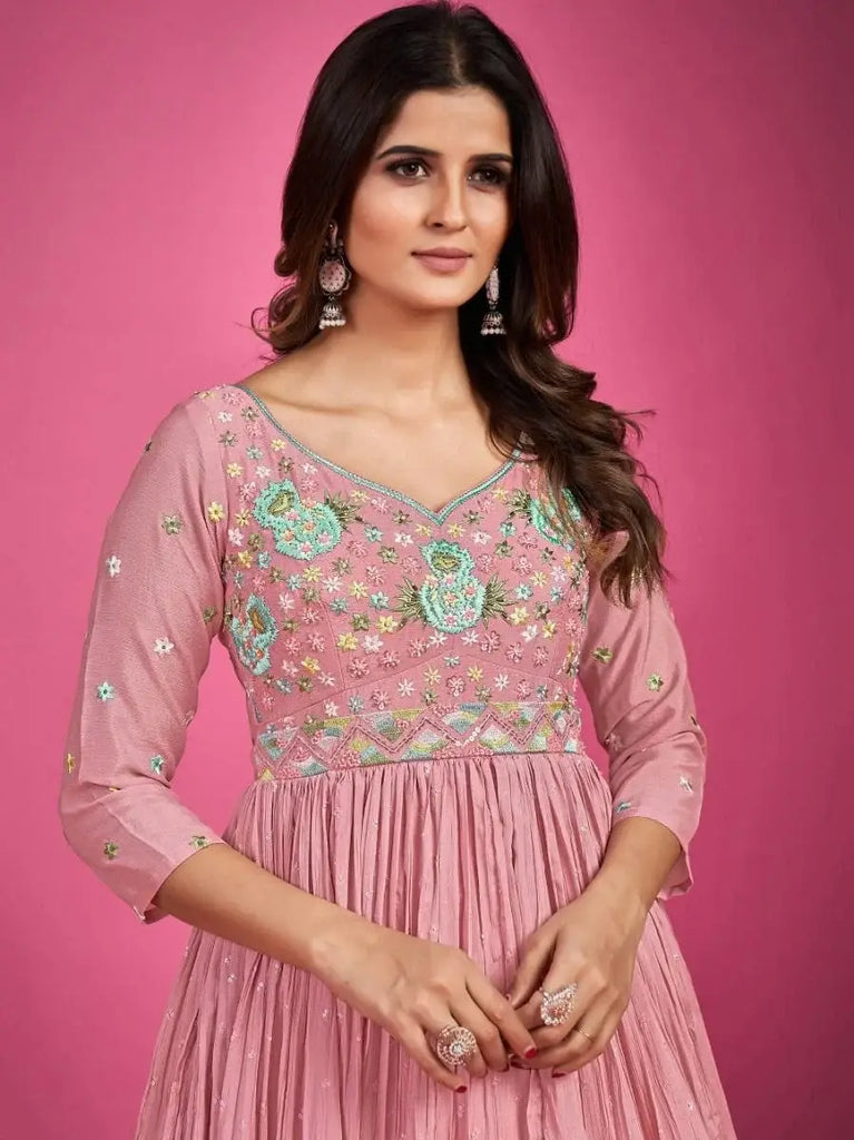 Remarkable Baby-Pink Sequins Silk Gown With Dupatta