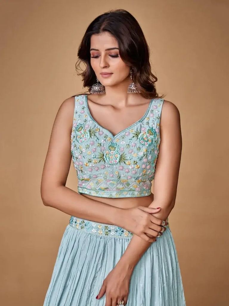 Divine Blue Floral Embroidered Silk Festive look Lehenga choli
