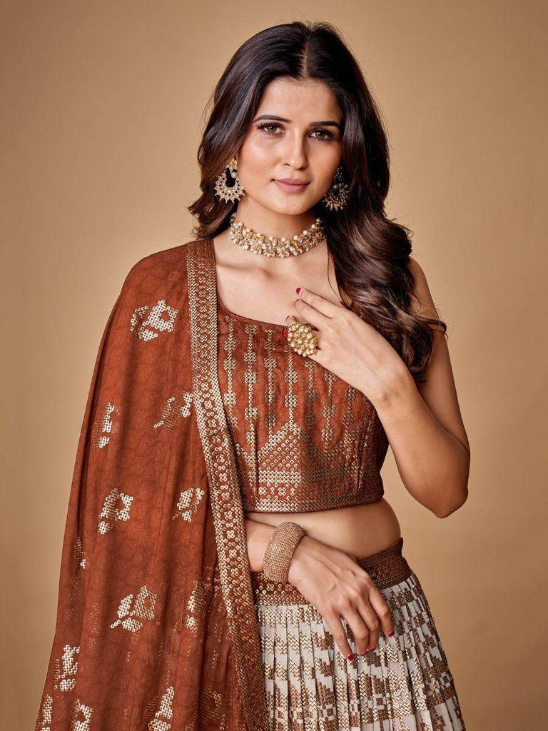 Impressive Brown Sequined Georgette Cocktail Party Lehenga Choli