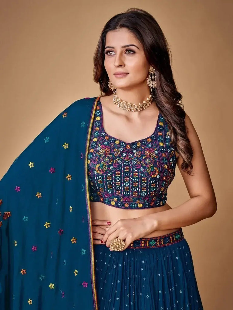 Exotic Navy Blue Floral Embroidered Silk Party Wear Lehenga Choli