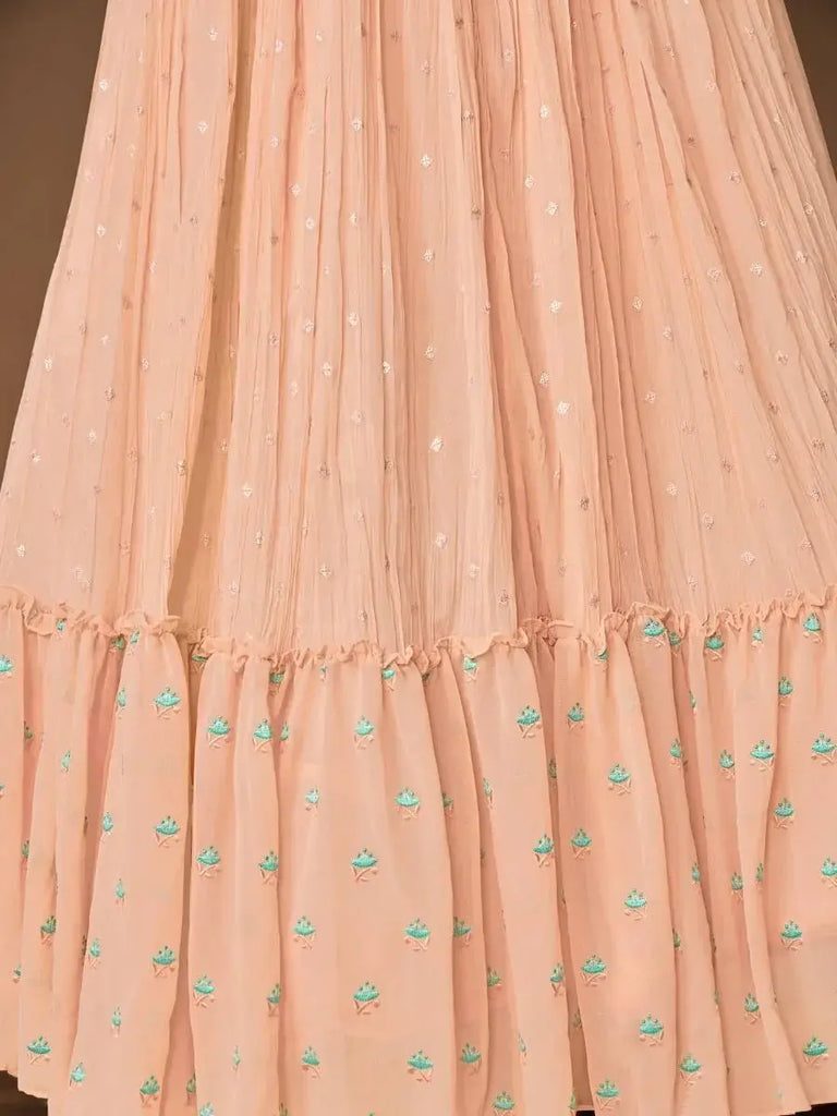 Fascinating Peach Floral Embroidered Chiffon Party Lehenga Choli