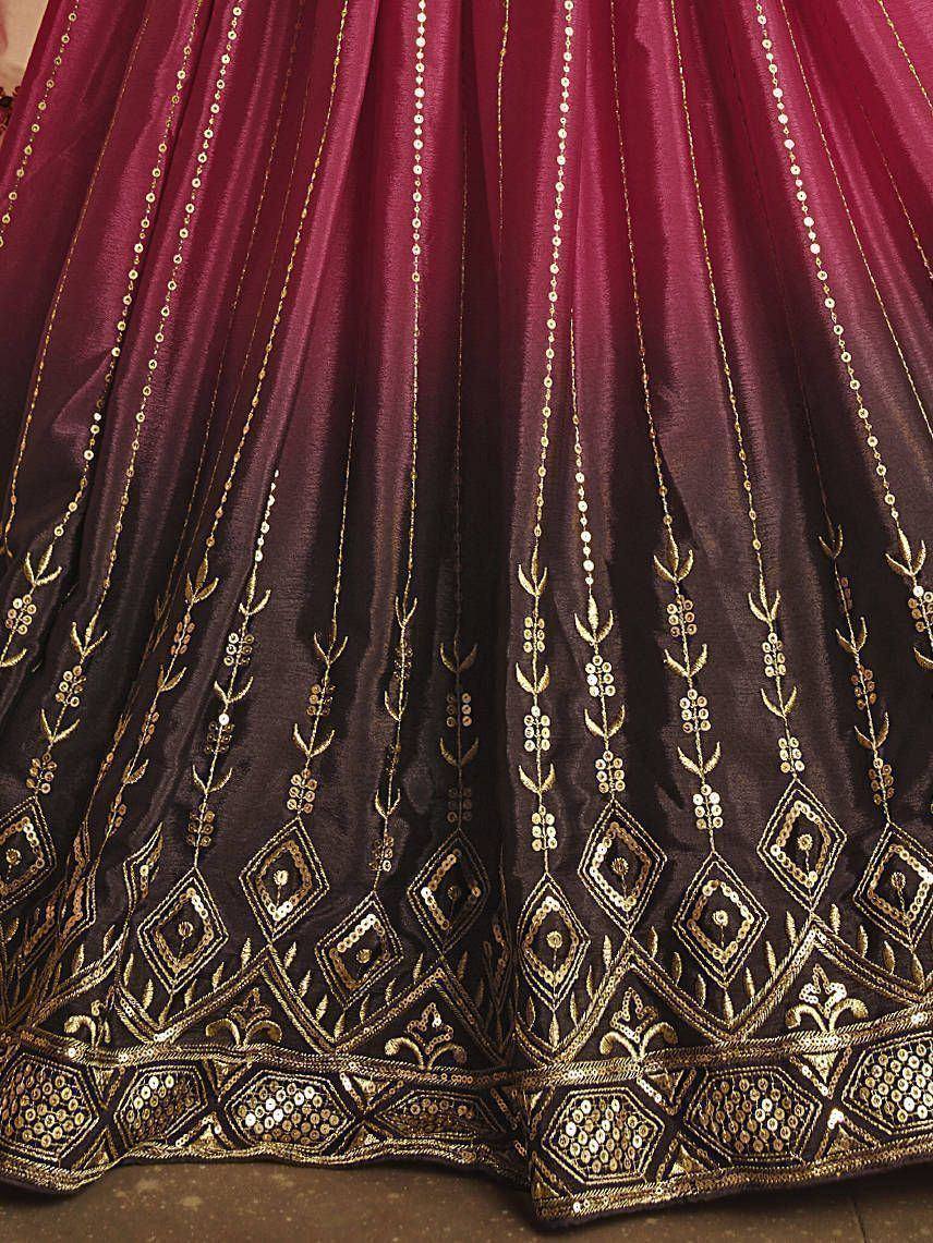 Maroon lehenga with gold embroidery and sequin detailing, ethnic Indian wedding wear