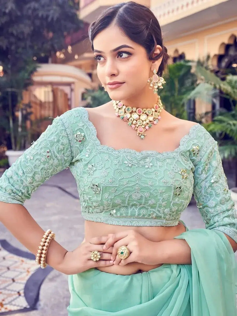 Classy Sea-green Sequins Organza Party Wear Ruffle Saree With Blouse