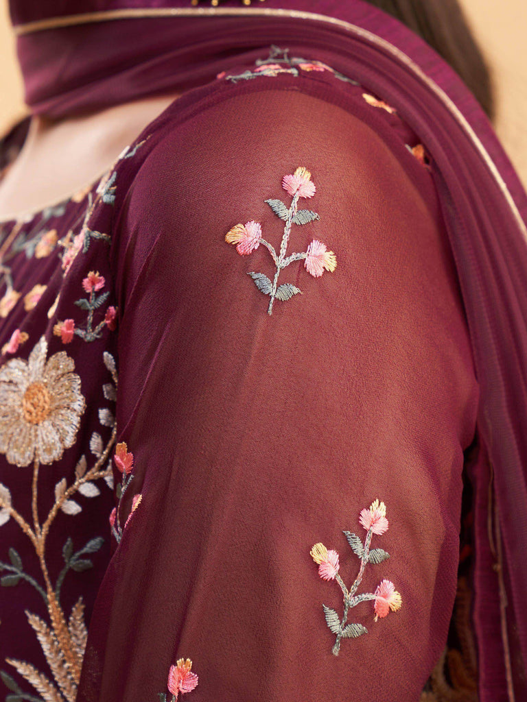 Fantastic Wine Multi-Thread Georgette Party Wear Anarkali Pant Suit