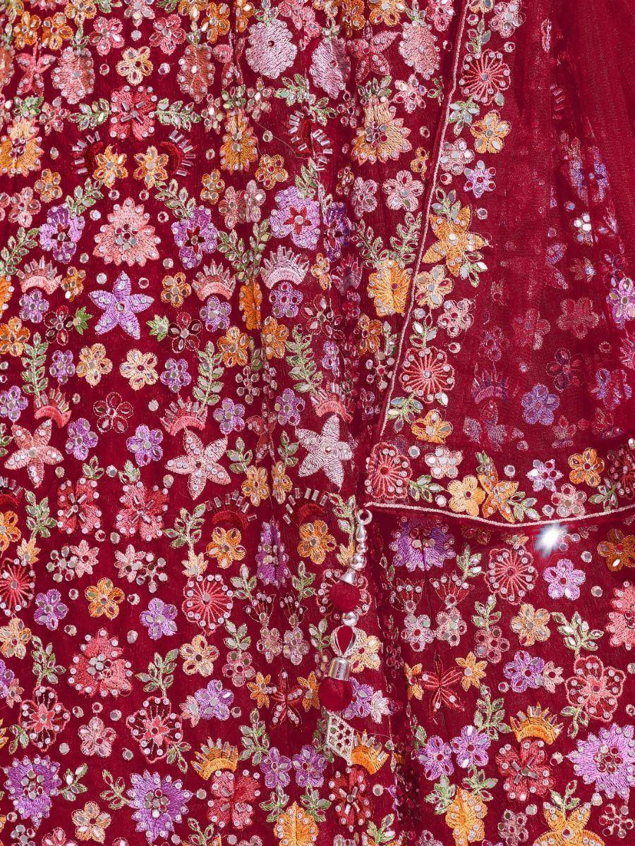 Maroon floral embroidered ethnic gown with sequin detailing and tassel accents