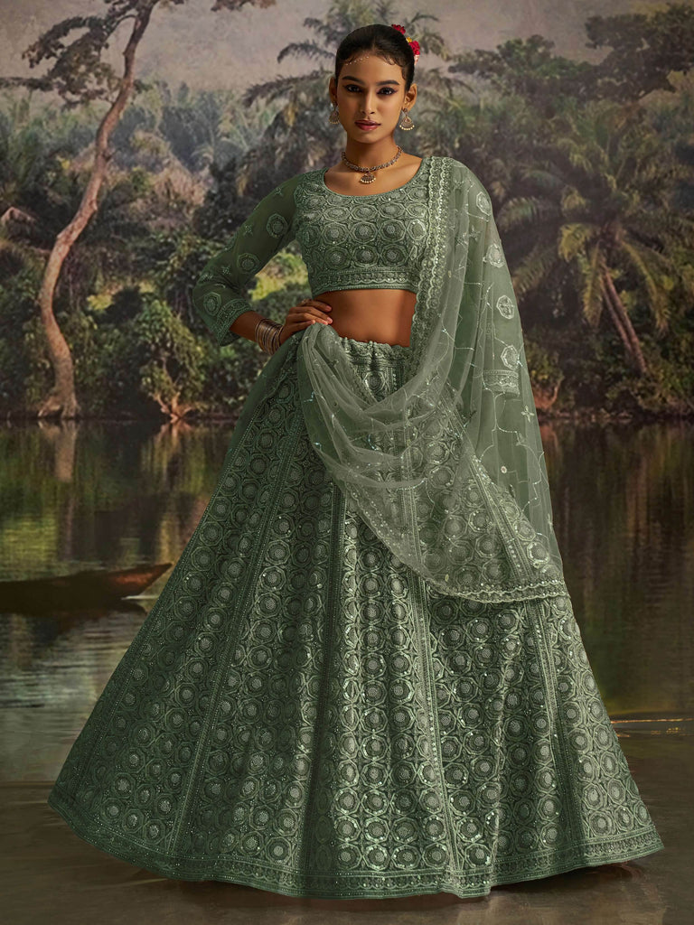 Gleaming Green Net Zarkan Work Reception Wear Lehenga Choli