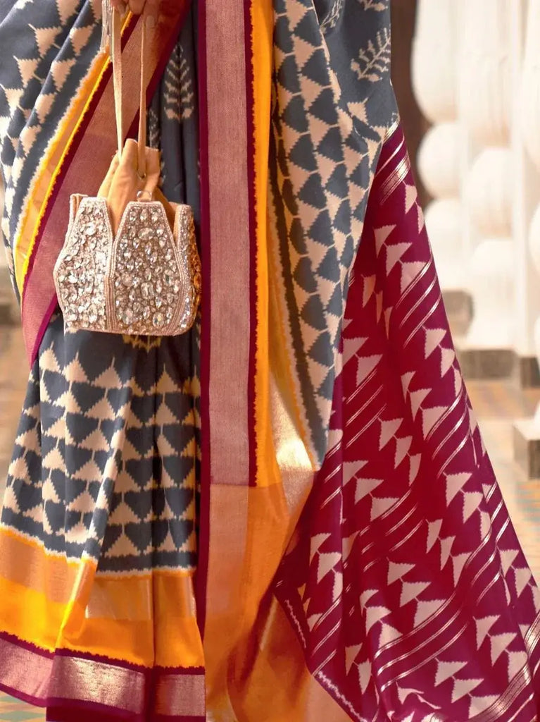 Dazzle Grey and Rani Pink Printed Patola Silk Wedding Saree with Blouse