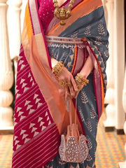 Dazzle Grey and Rani Pink Printed Patola Silk Wedding Saree with Blouse