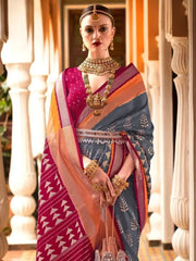 Dazzle Grey and Rani Pink Printed Patola Silk Wedding Saree with Blouse