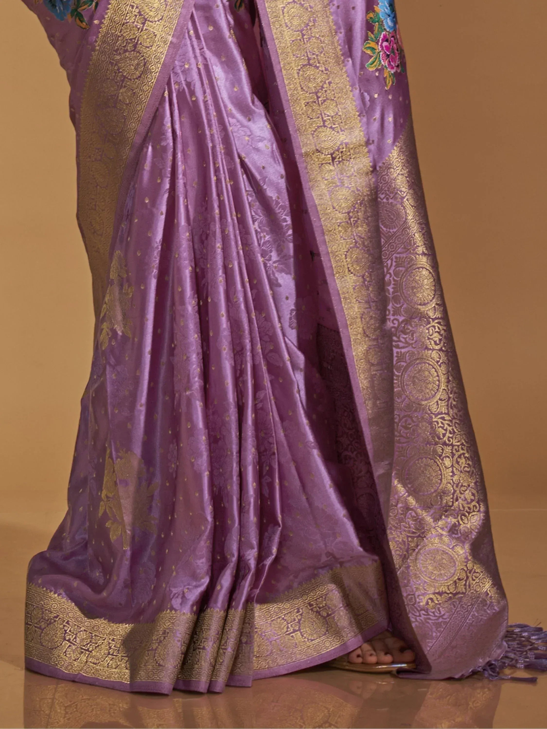 Purple silk saree with gold zari border and floral embroidery, Indian ethnic wear