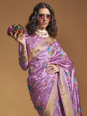Stunning Plum Color Floral Weaving Satin Party Wear Saree With Blouse
