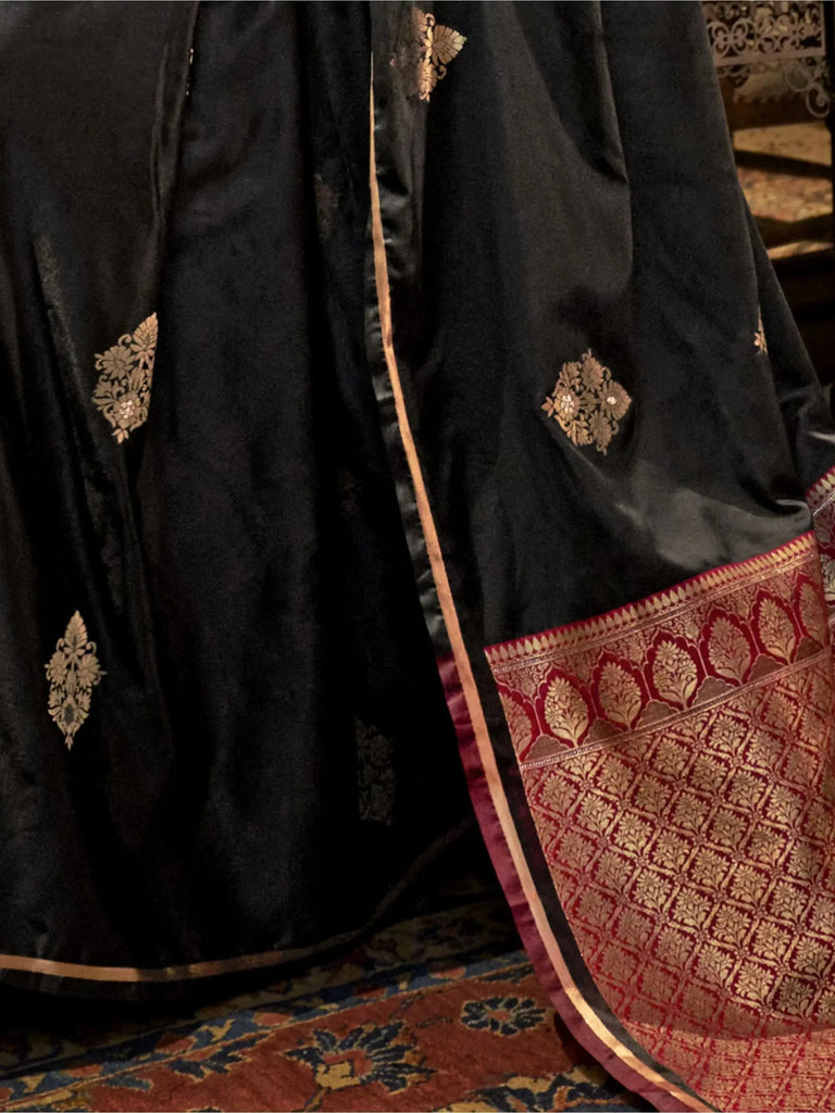 Adorning Black Zari Weaving Satin Wedding Wear Saree With Blouse