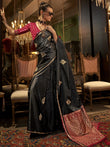 Adorning Black Zari Weaving Satin Wedding Wear Saree With Blouse