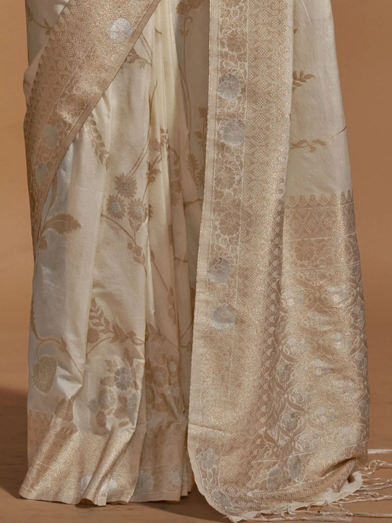 Appealing Cream Zari Weaving Georgette Wedding Wear Saree With Blouse