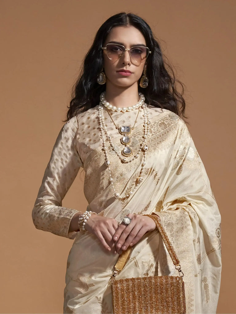 Appealing Cream Zari Weaving Georgette Wedding Wear Saree With Blouse
