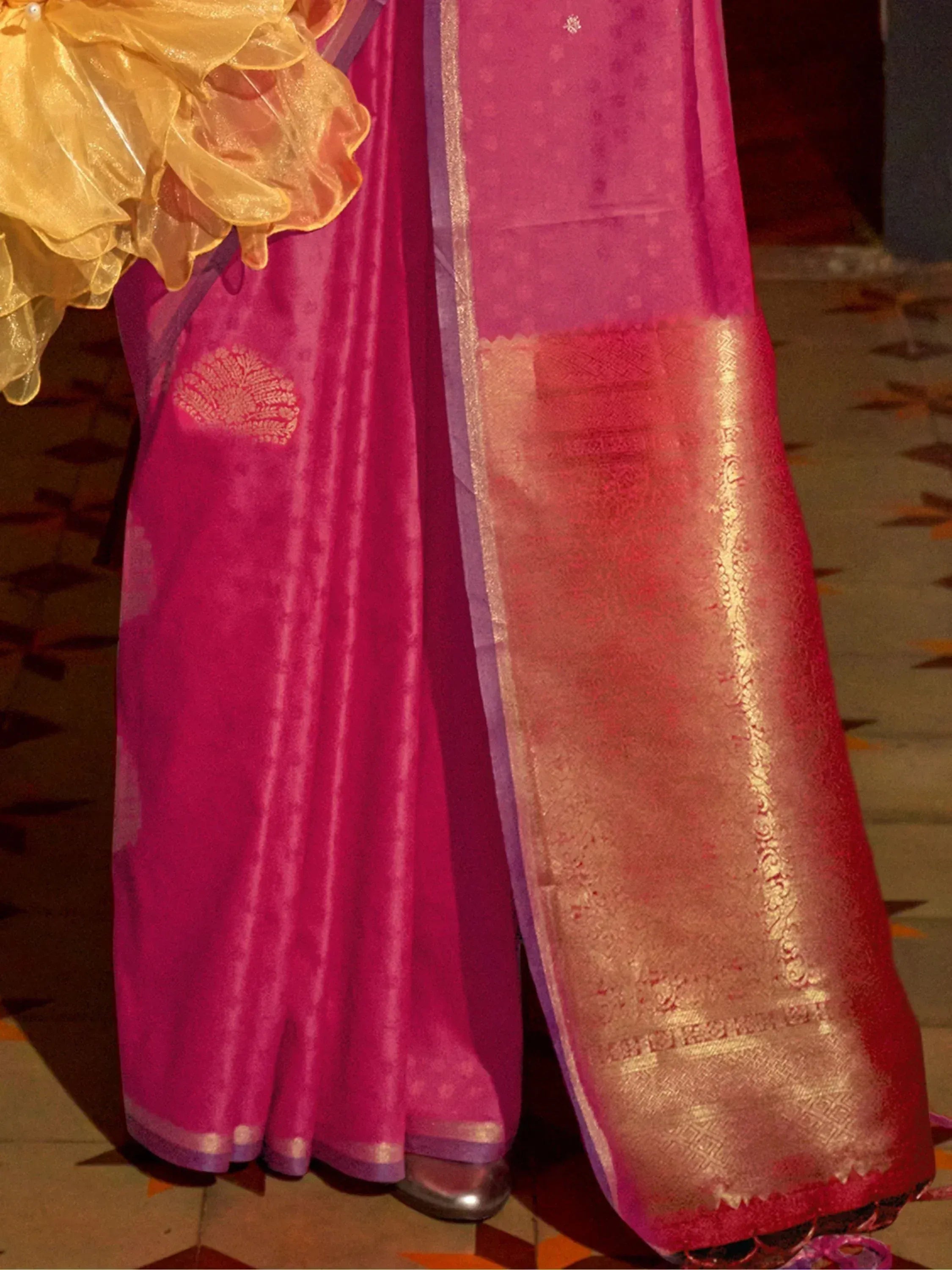 Pink velvet lehenga with gold zari border and yellow dupatta, Indian ethnic wear
