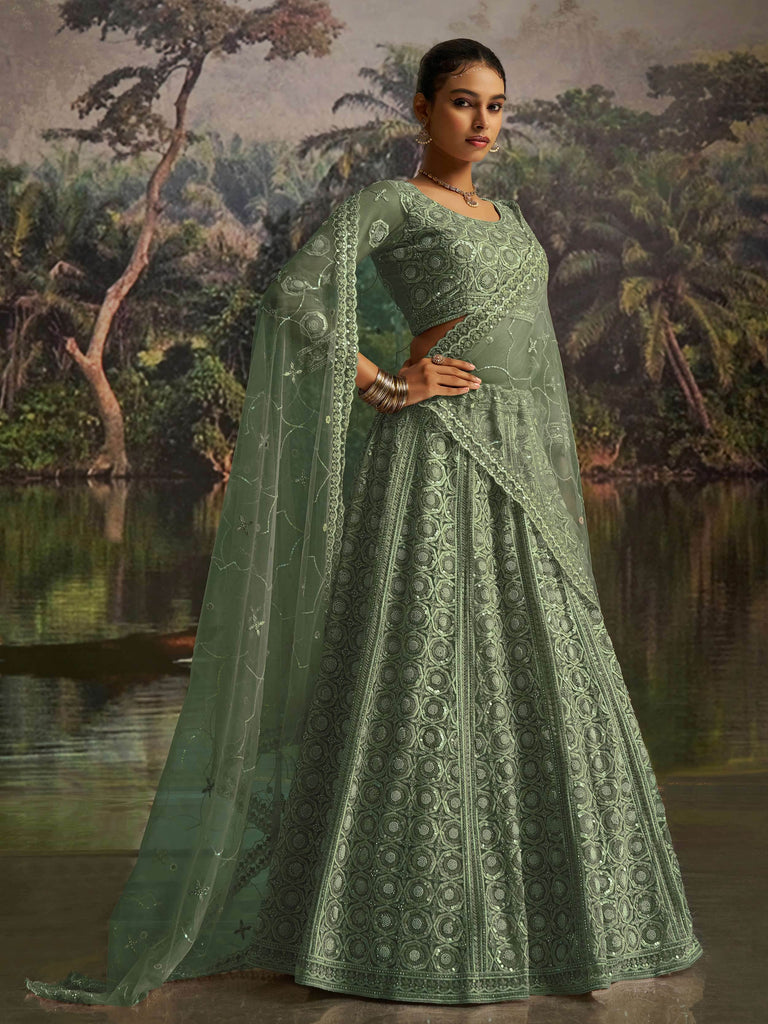 Gleaming Green Net Zarkan Work Reception Wear Lehenga Choli