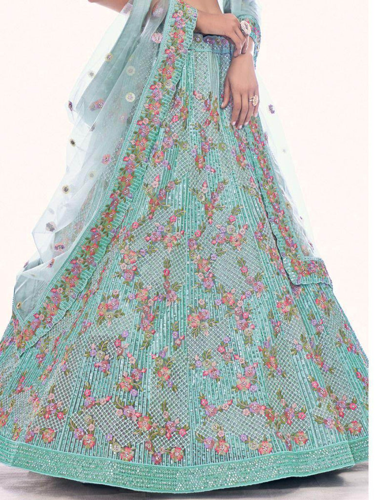 Beautiful Sea Green Embroidered Soft Net Lehenga Choli