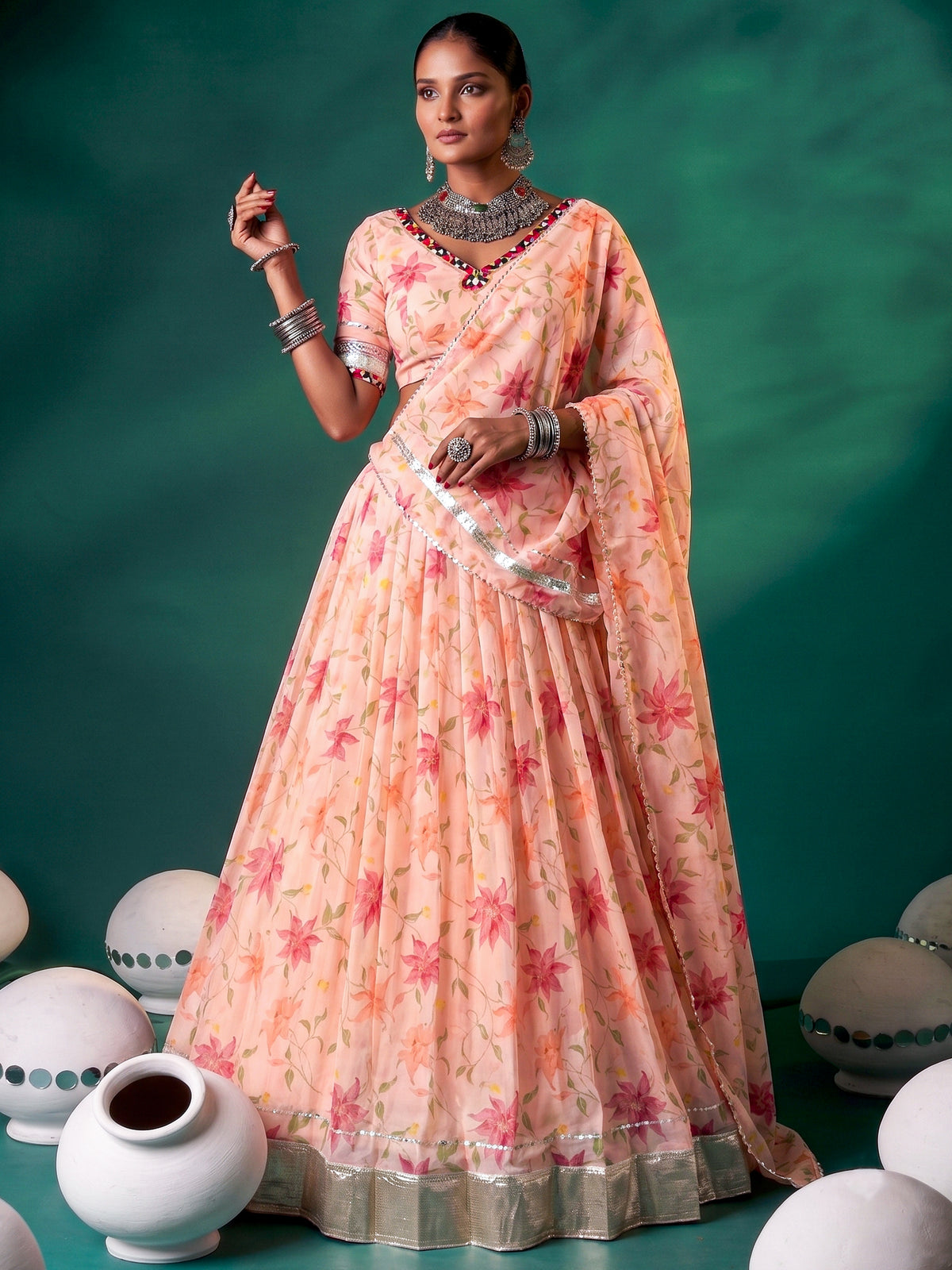 Fantabulous Peach Floral Printed Silk Event Wear Lehenga Choli