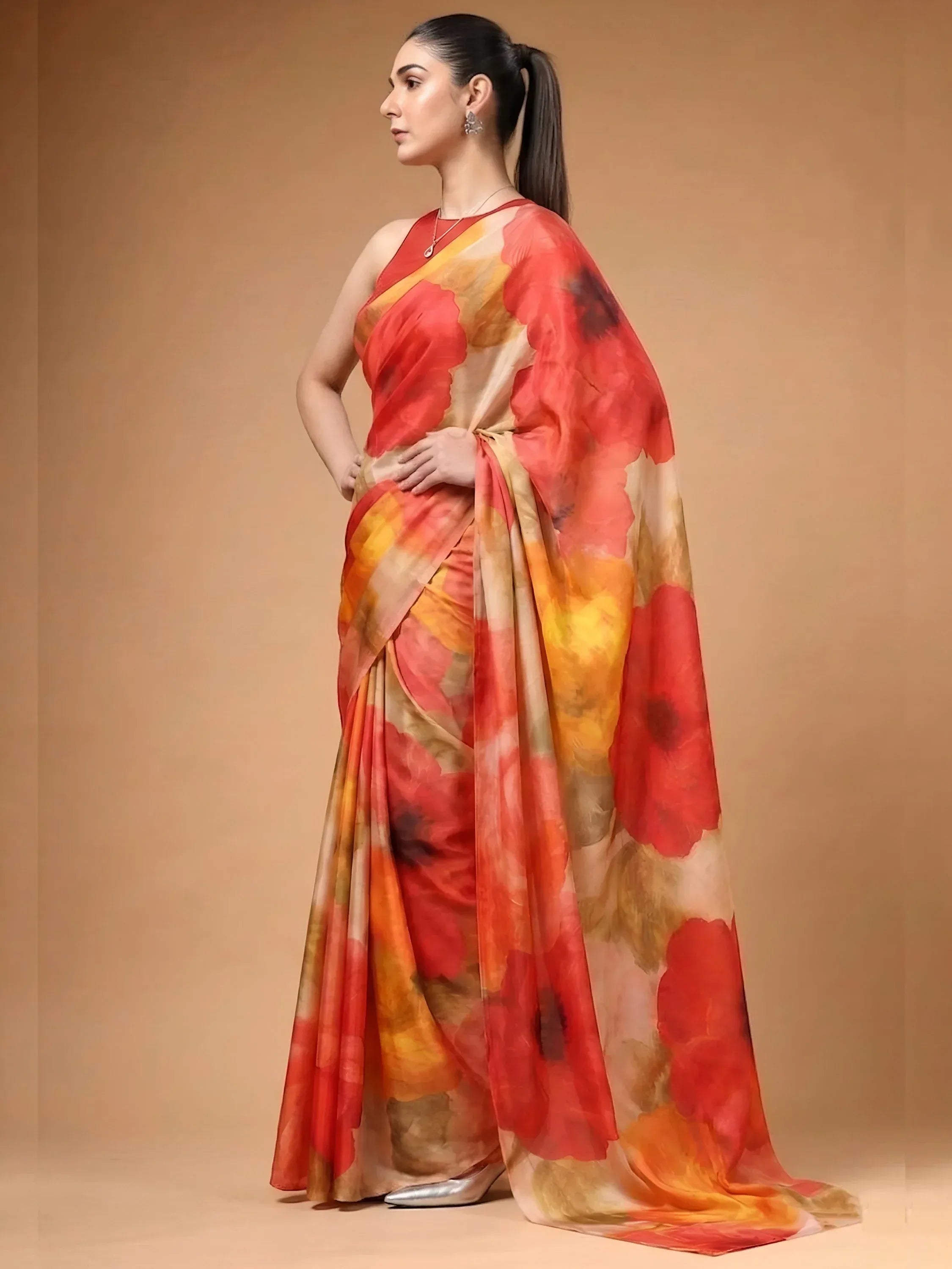 Captivating Multi Color Floral Printed Satin Event Wear Saree With Blouse