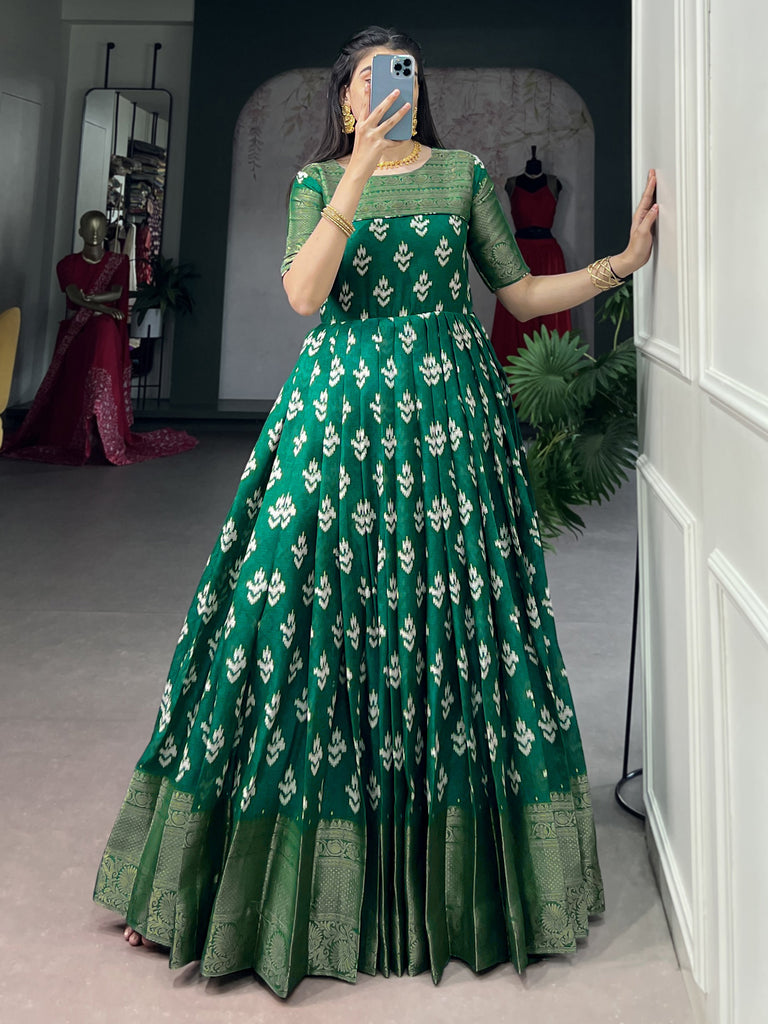 Marvelous Green Weaving Border Cotton Mehendi Wear Gown