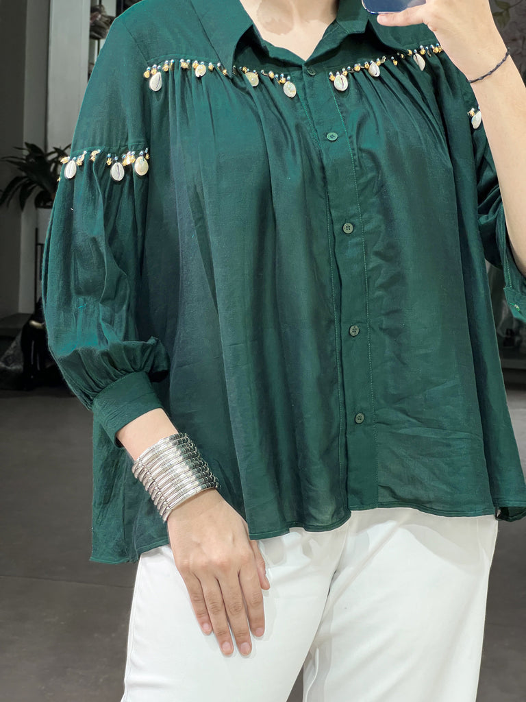 Fantastic Green Pearl Work Chinon Festive Special Shirt