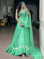 Classic Aqua Green Bandhej Printed Georgette Navratri Wear Lehenga Choli