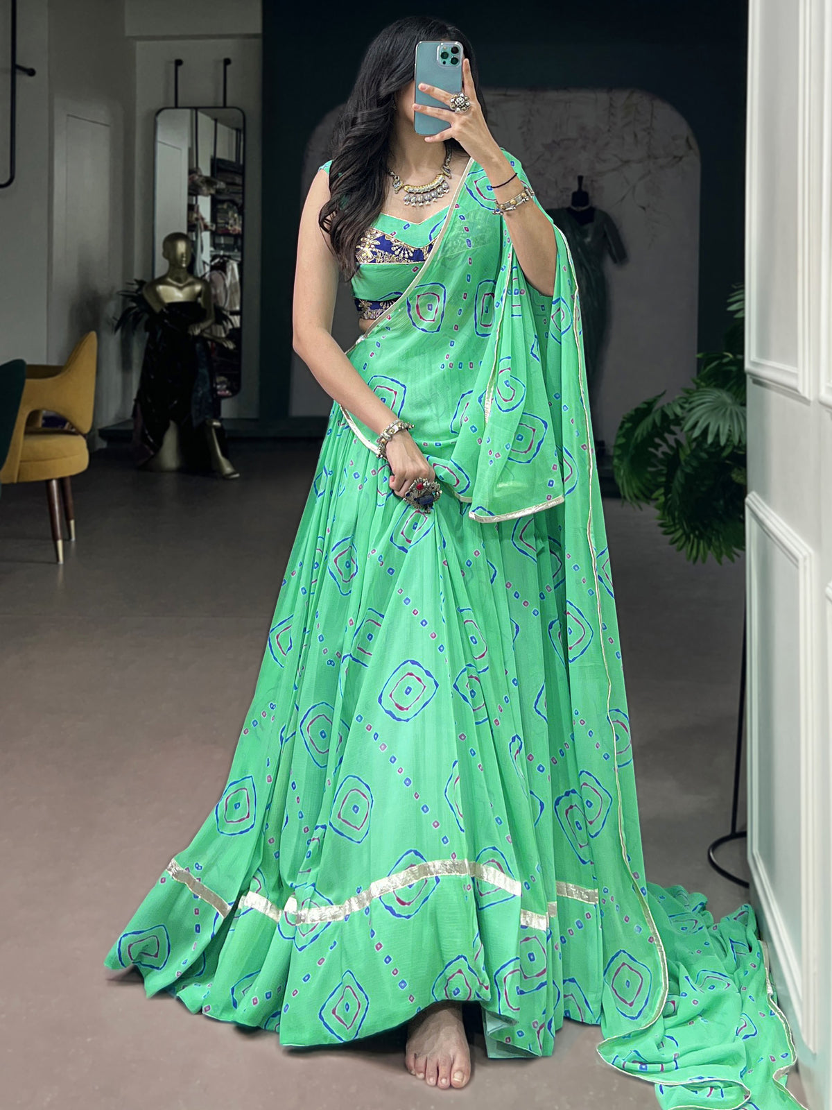 Classic Aqua Green Bandhej Printed Georgette Navratri Wear Lehenga Choli