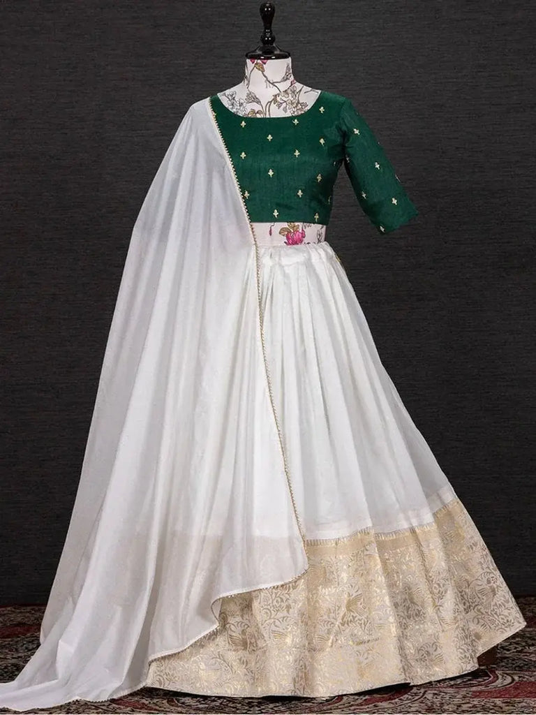 Unique White Silk Zari Weaving Onam Festival Wear Half Saree Lehenga