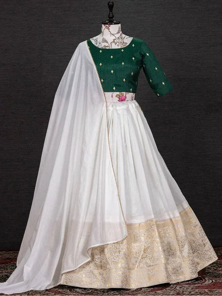 Green embroidered blouse with white lehenga and dupatta, Indian ethnic wear for women