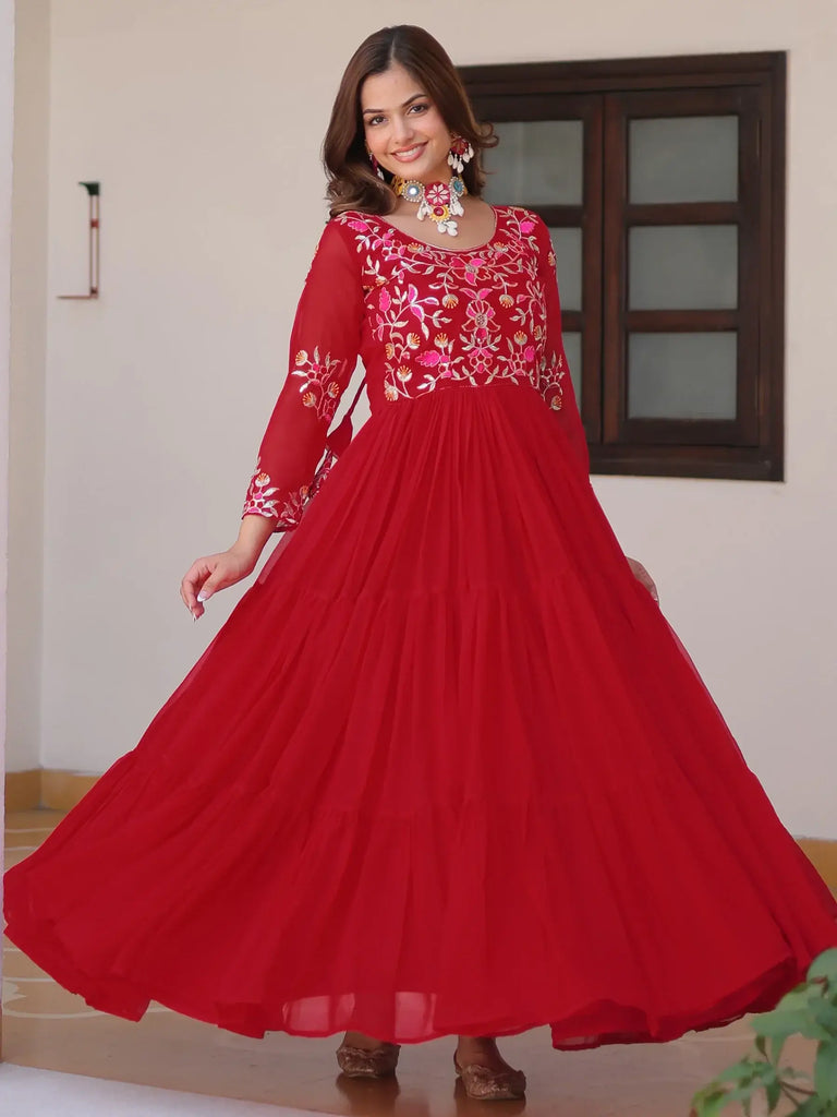 Charming Red Thread Work Georgette Festival Wear Anarkali Gown