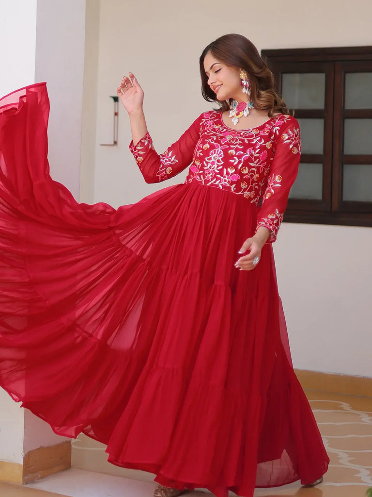 Charming Red Thread Work Georgette Festival Wear Anarkali Gown
