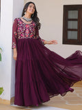 Beautiful Wine Thread Work Georgette Event Wear Anarkali Gown