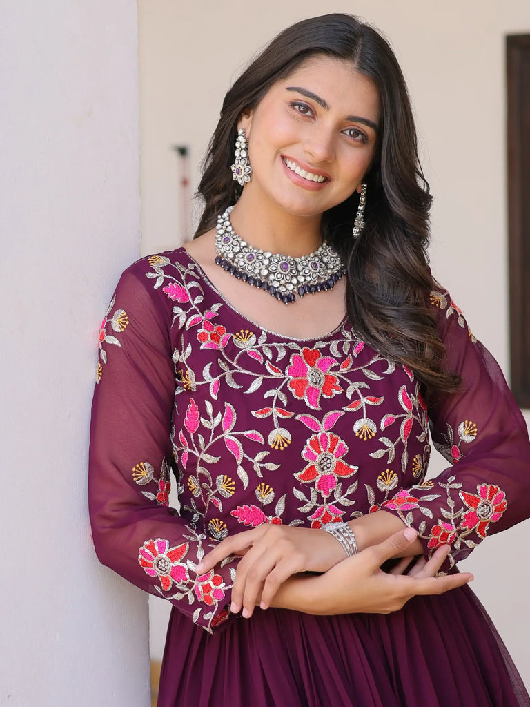 Beautiful Wine Thread Work Georgette Event Wear Anarkali Gown