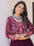 Beautiful Wine Thread Work Georgette Event Wear Anarkali Gown